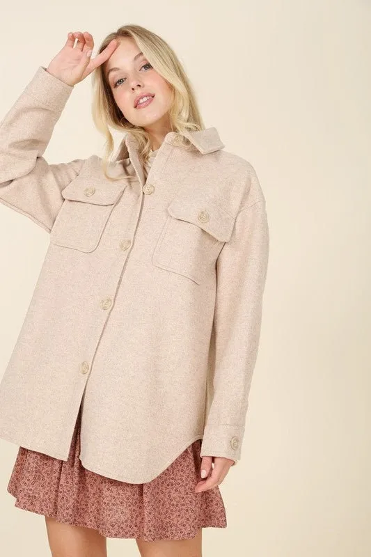 Light beige shacket with pockets | Beige Nude Elongated Shirt Jacket | Collared Flop Pockets Shirt | Loose Fit Casual Plaid Shacket