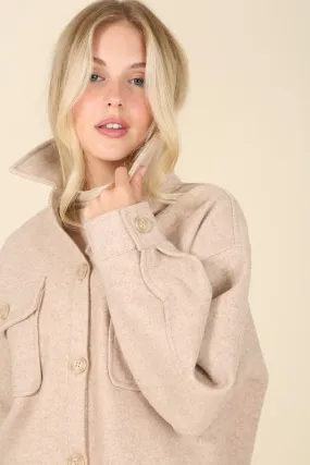 Light beige shacket with pockets | Beige Nude Elongated Shirt Jacket | Collared Flop Pockets Shirt | Loose Fit Casual Plaid Shacket