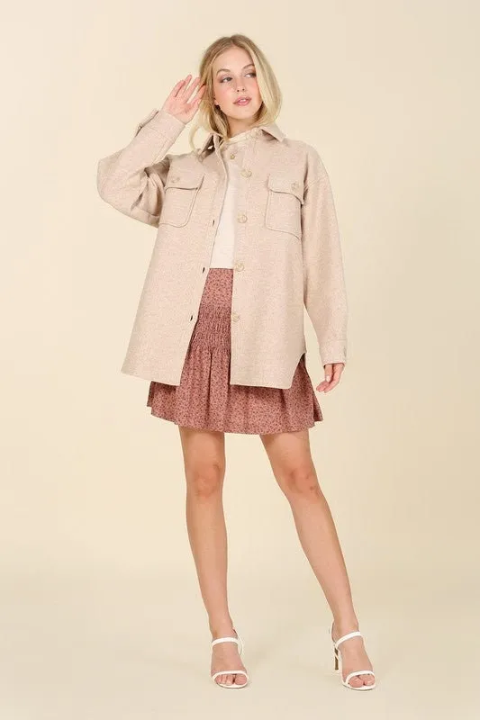 Light beige shacket with pockets | Beige Nude Elongated Shirt Jacket | Collared Flop Pockets Shirt | Loose Fit Casual Plaid Shacket