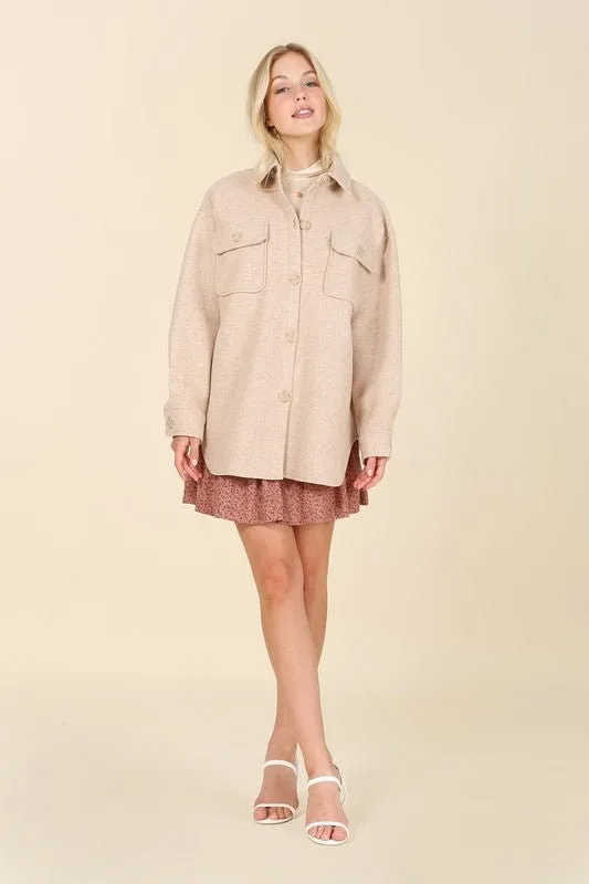Light beige shacket with pockets | Beige Nude Elongated Shirt Jacket | Collared Flop Pockets Shirt | Loose Fit Casual Plaid Shacket