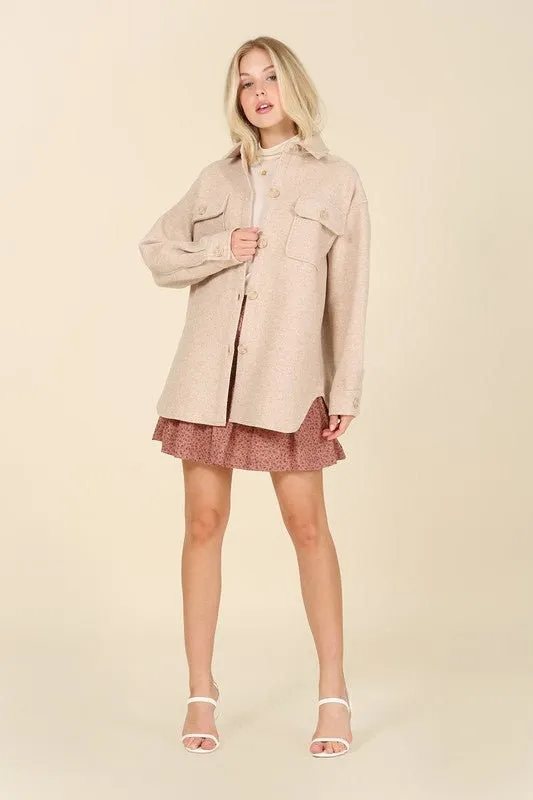 Light beige shacket with pockets | Beige Nude Elongated Shirt Jacket | Collared Flop Pockets Shirt | Loose Fit Casual Plaid Shacket