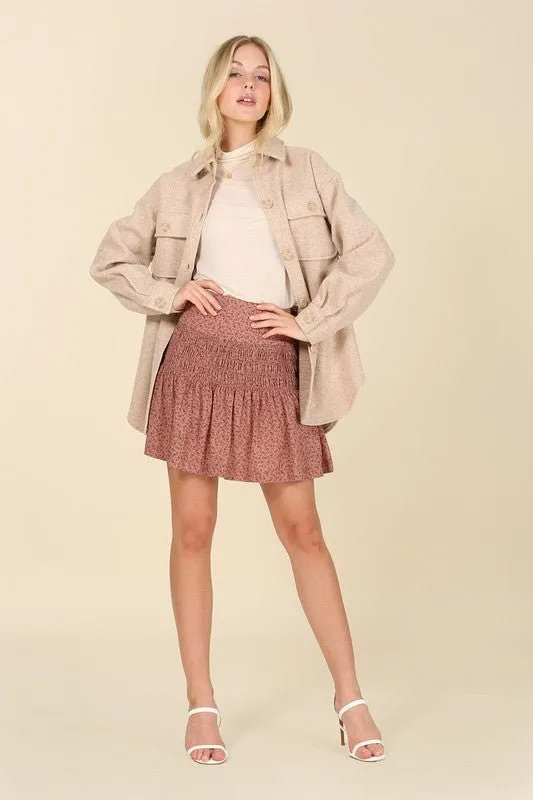 Light beige shacket with pockets | Beige Nude Elongated Shirt Jacket | Collared Flop Pockets Shirt | Loose Fit Casual Plaid Shacket