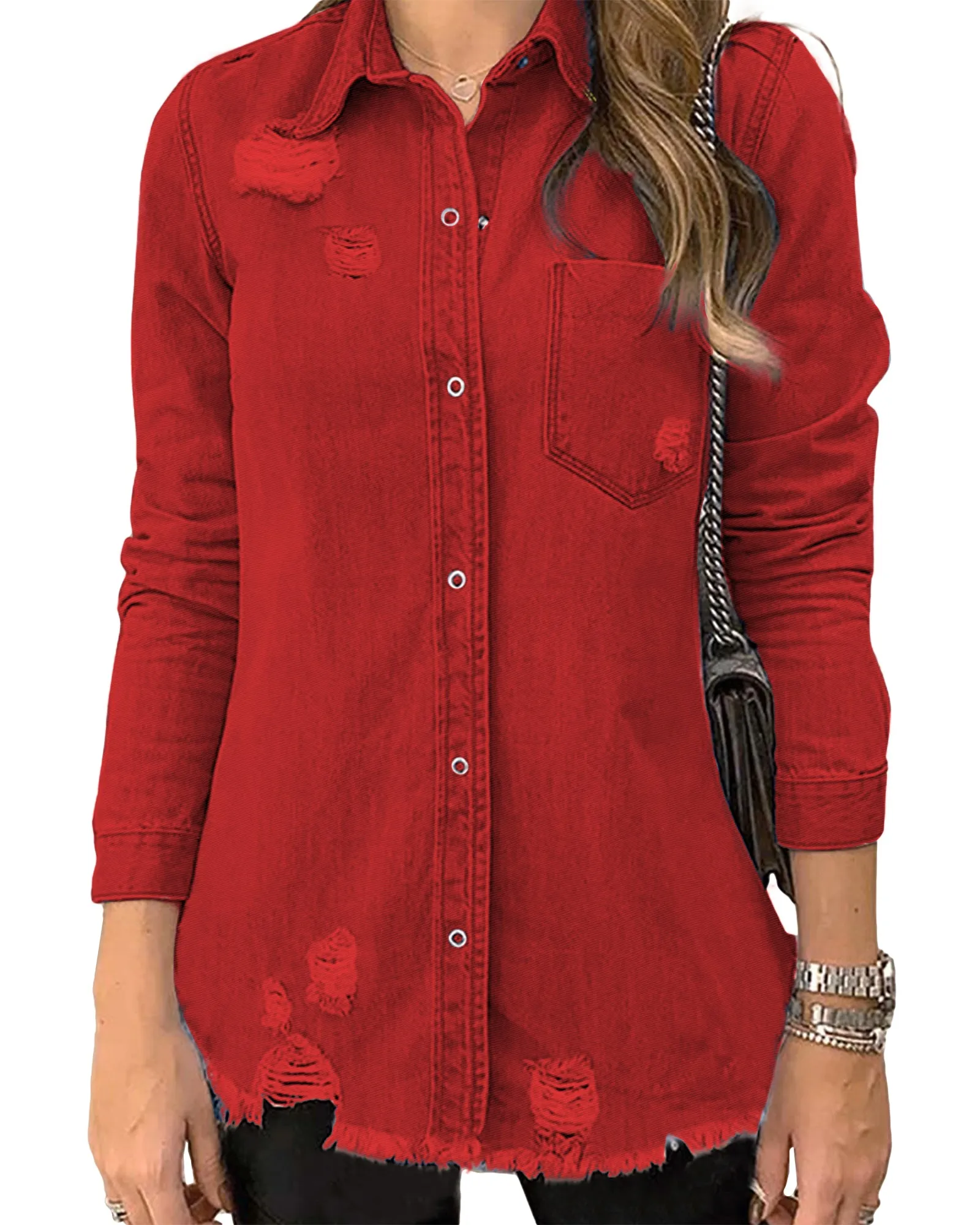 luvamia Womens Denim Jacket Distressed Button Down Jean Shirt For Women Ripped Shacket Coat