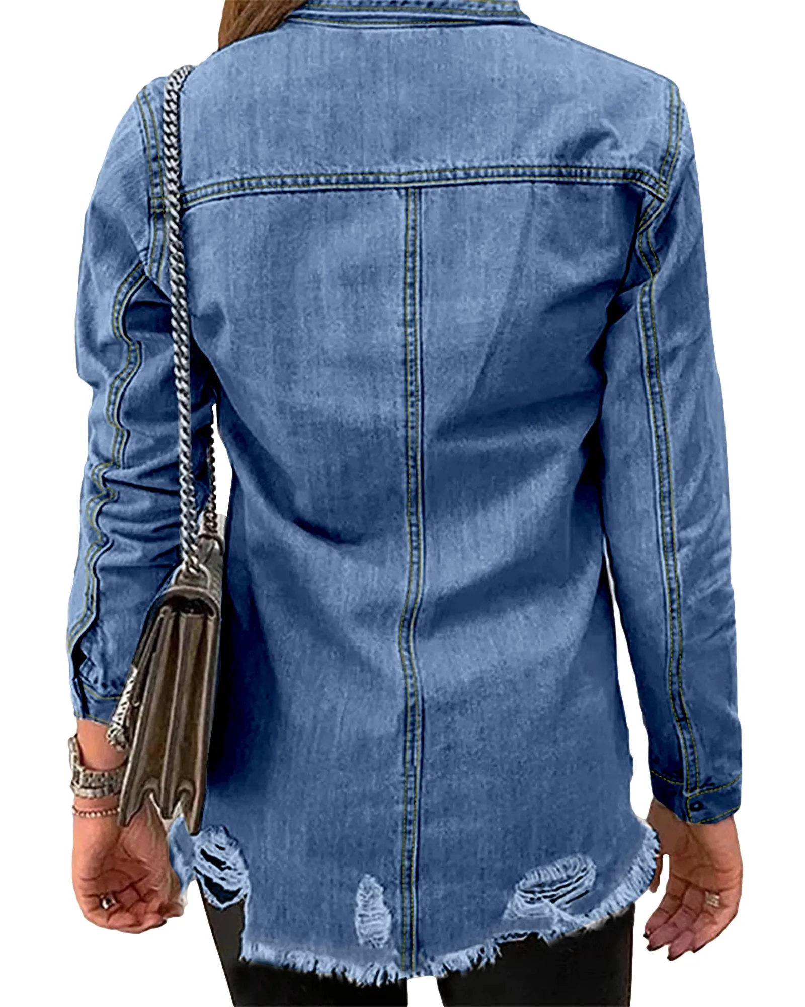 luvamia Womens Denim Jacket Distressed Button Down Jean Shirt For Women Ripped Shacket Coat