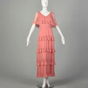 Medium 1970s Miss Elliette Dress Pleated Tiered Maxi Gown Pink Lace Capelet