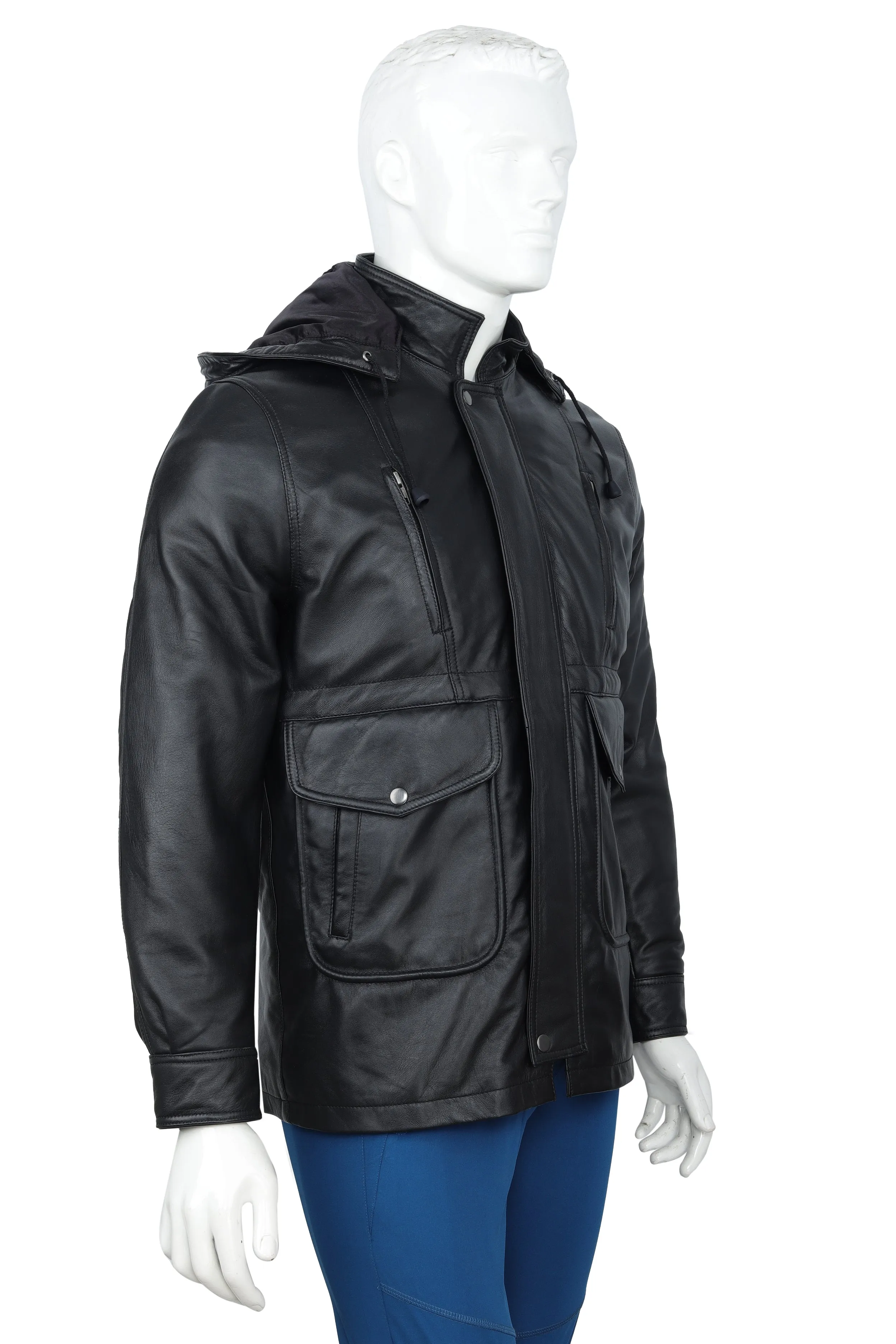 MENS LEATHER HOODED JACKET 94928 (BLACK)