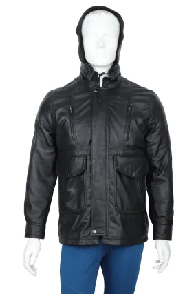 MENS LEATHER HOODED JACKET 94928 (BLACK)