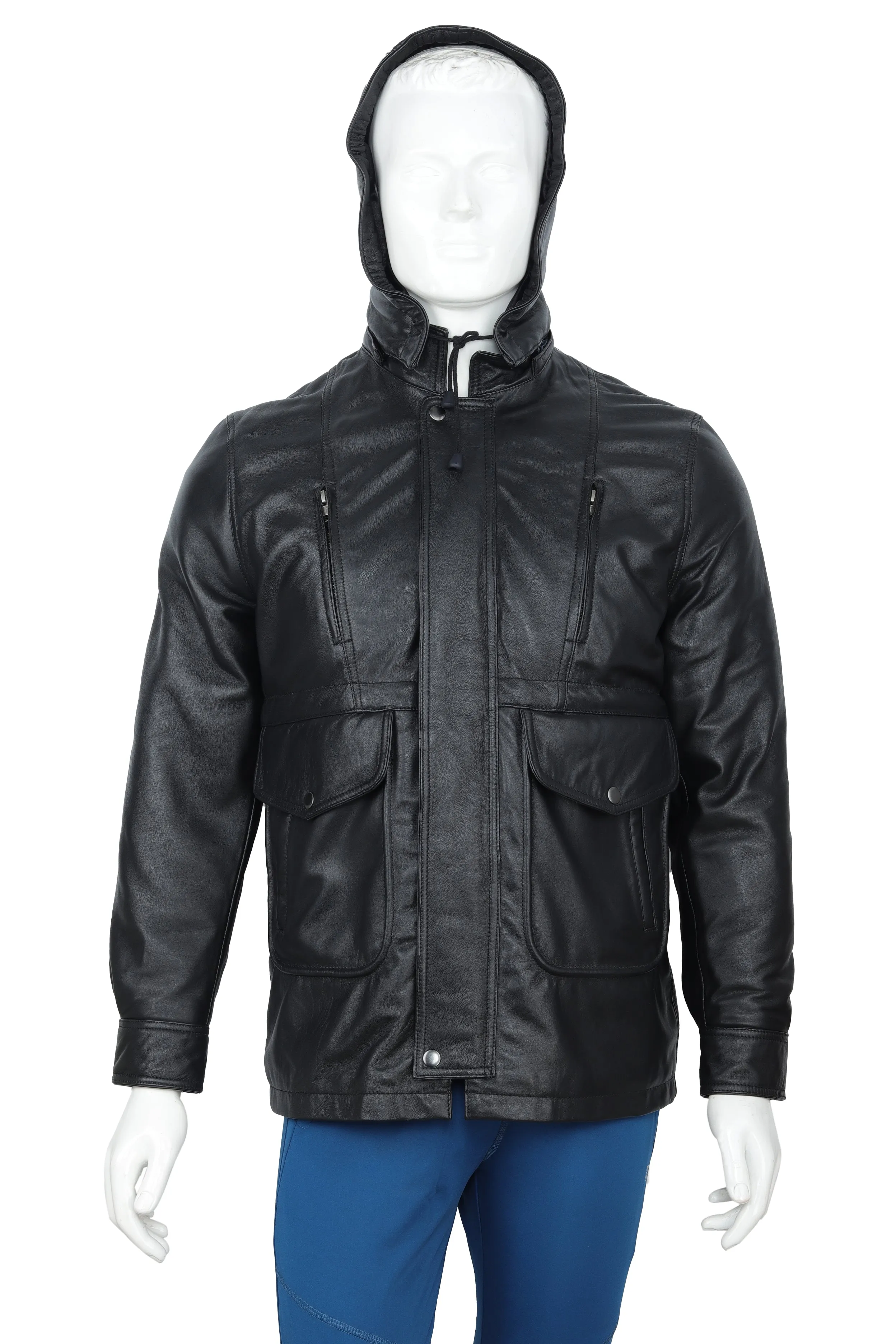 MENS LEATHER HOODED JACKET 94928 (BLACK)