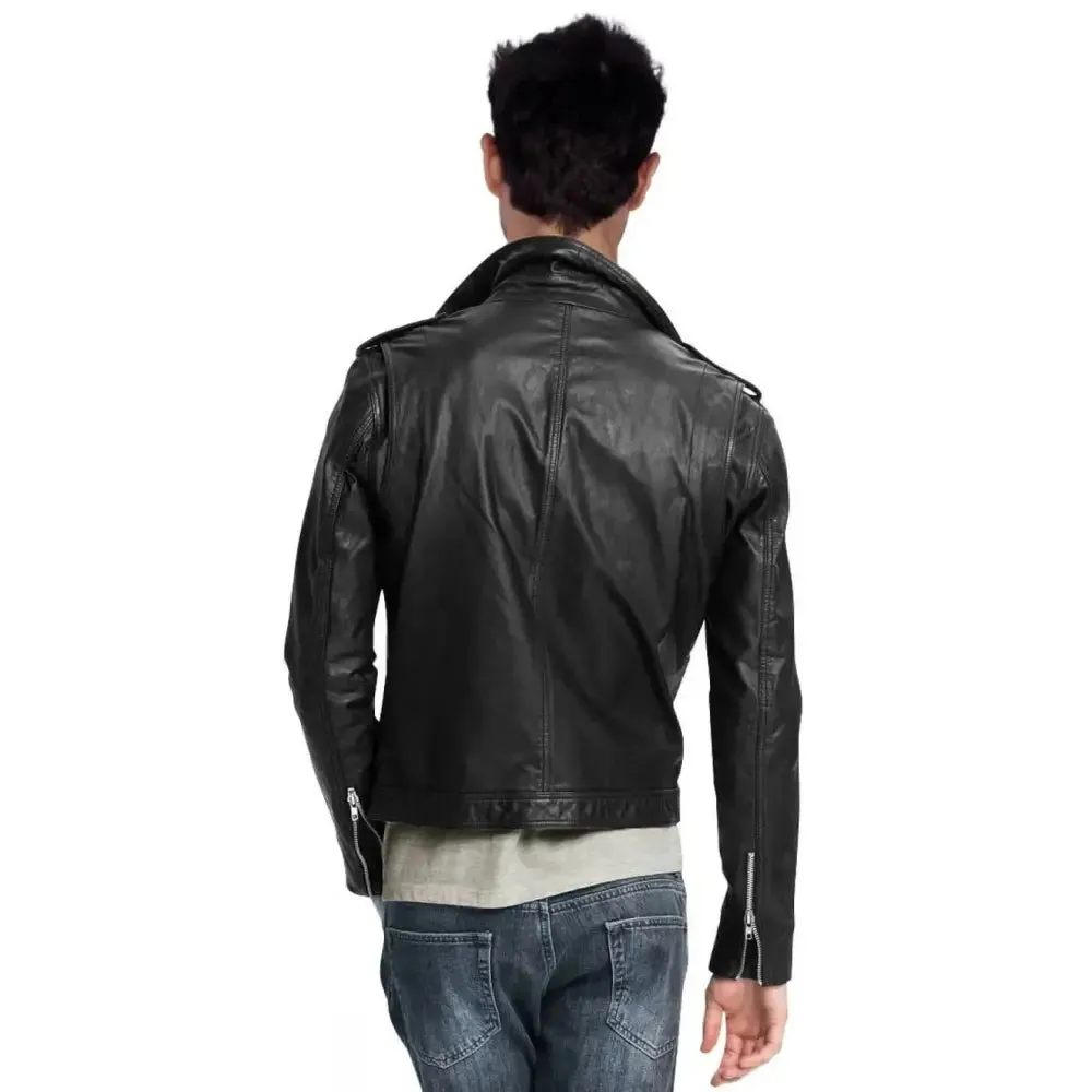 Men's Pure Black Leather Motorcycle Biker Jacket