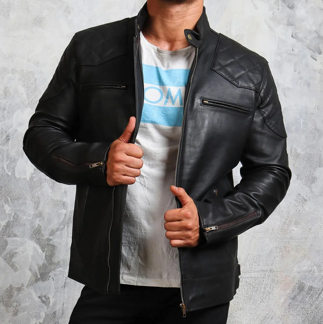 Men's Quilted Biker Black Leather Jacket with Zipper Pockets