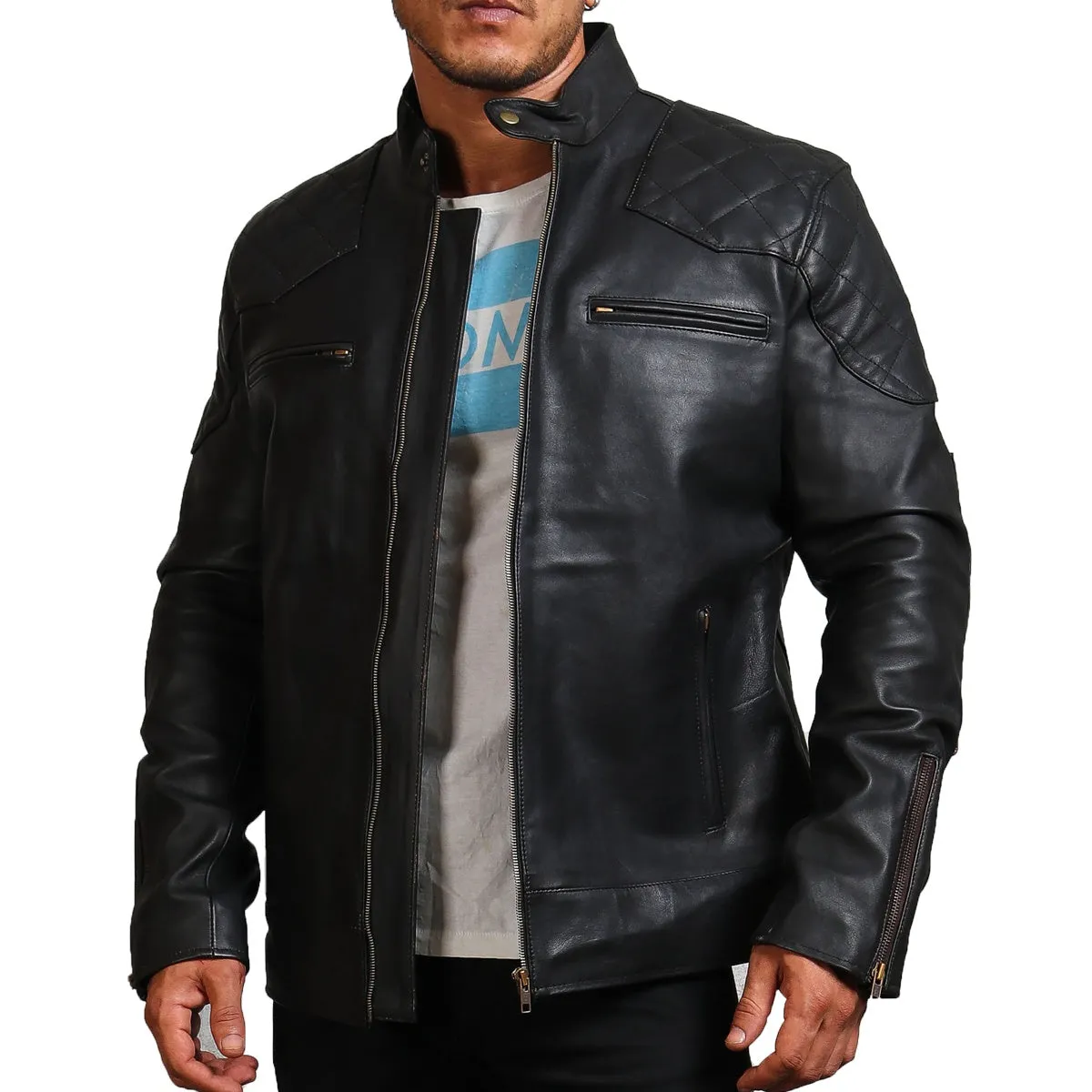 Men's Quilted Biker Black Leather Jacket with Zipper Pockets