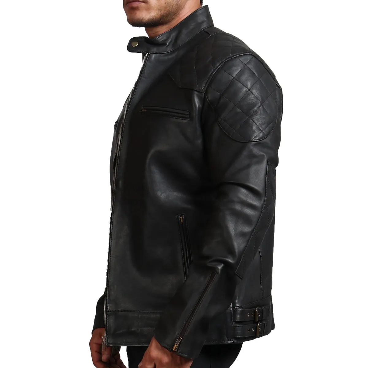 Men's Quilted Biker Black Leather Jacket with Zipper Pockets