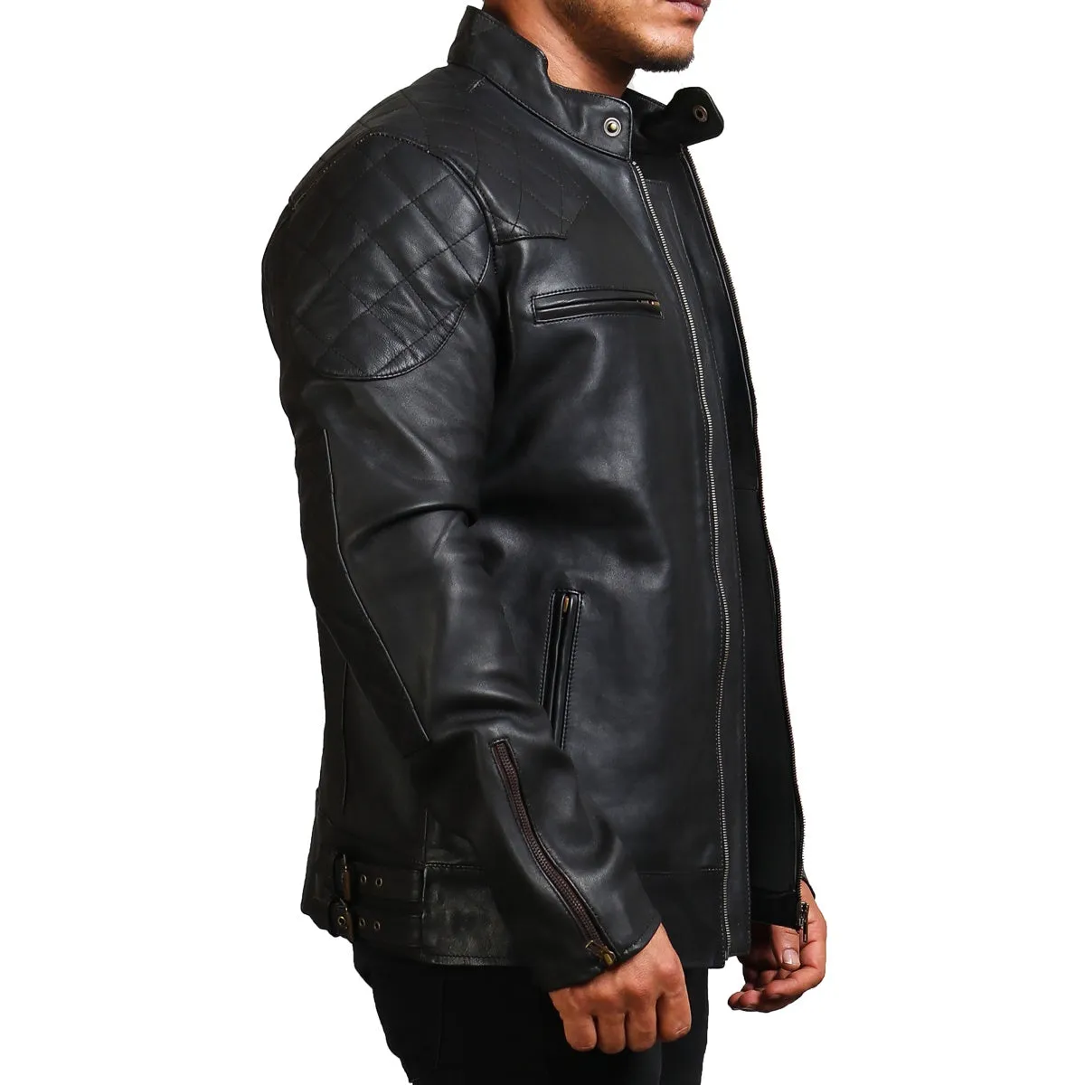 Men's Quilted Biker Black Leather Jacket with Zipper Pockets