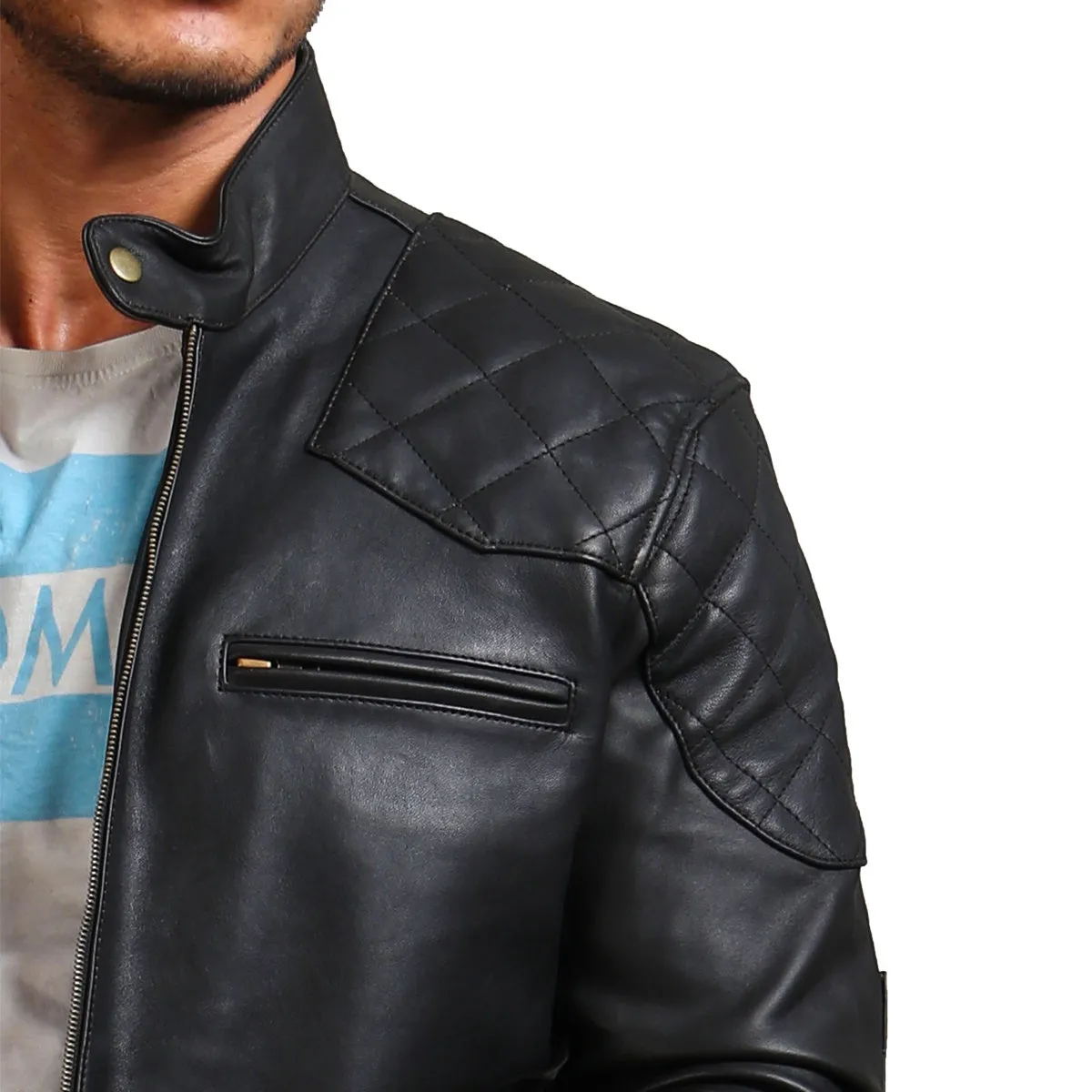 Men's Quilted Biker Black Leather Jacket with Zipper Pockets