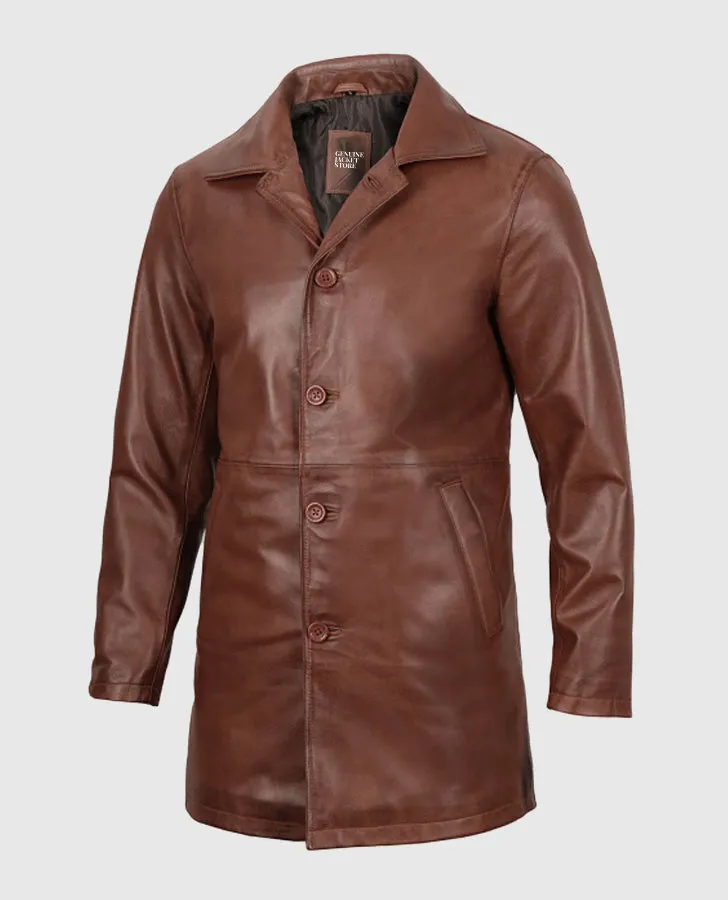 Men's Tan Distressed Leather Coat