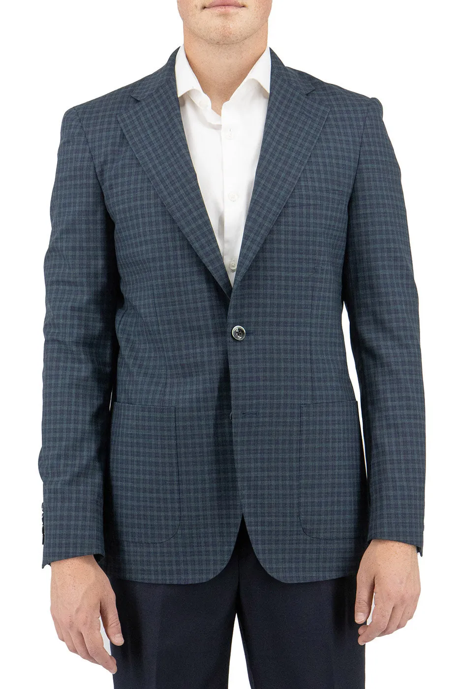 Navy and Green Mini Windowpane Dolcetto/THP Modern Fit half lined, Pure Wool Jacket by Tiglio Luxe