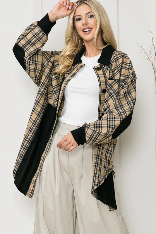 Oversized Elbow Patch Shacket | Zip Up Shacket With Collar Neck And Long Sleeves