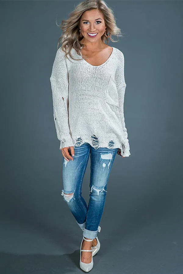 Pretty Leaves Distressed Sweater in Ivory