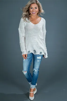 Pretty Leaves Distressed Sweater in Ivory
