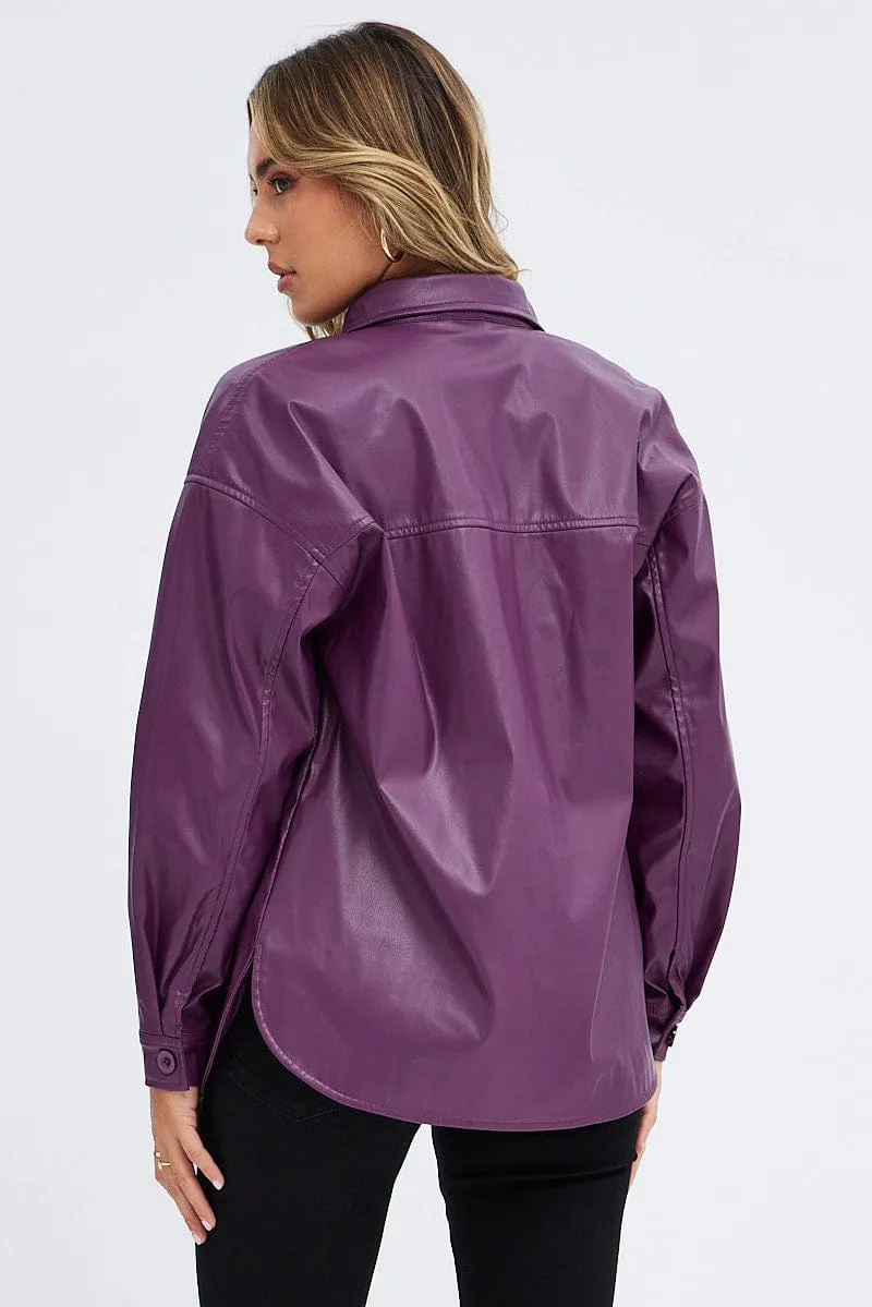 Purple Faux Leather Shacket Long Sleeves