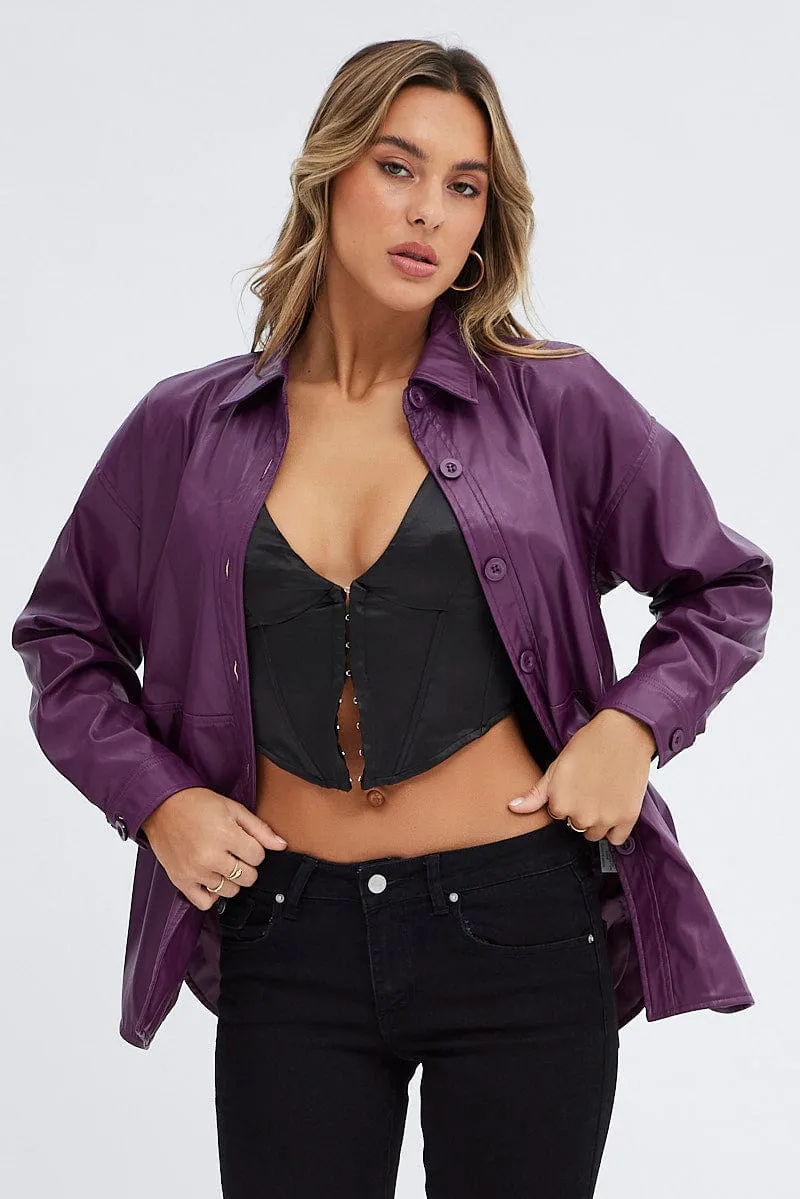 Purple Faux Leather Shacket Long Sleeves
