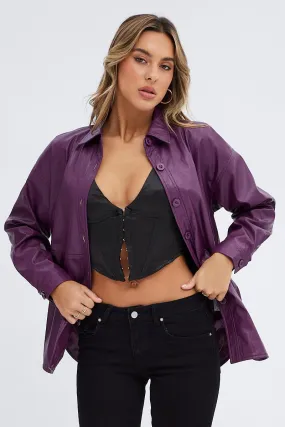 Purple Faux Leather Shacket Long Sleeves