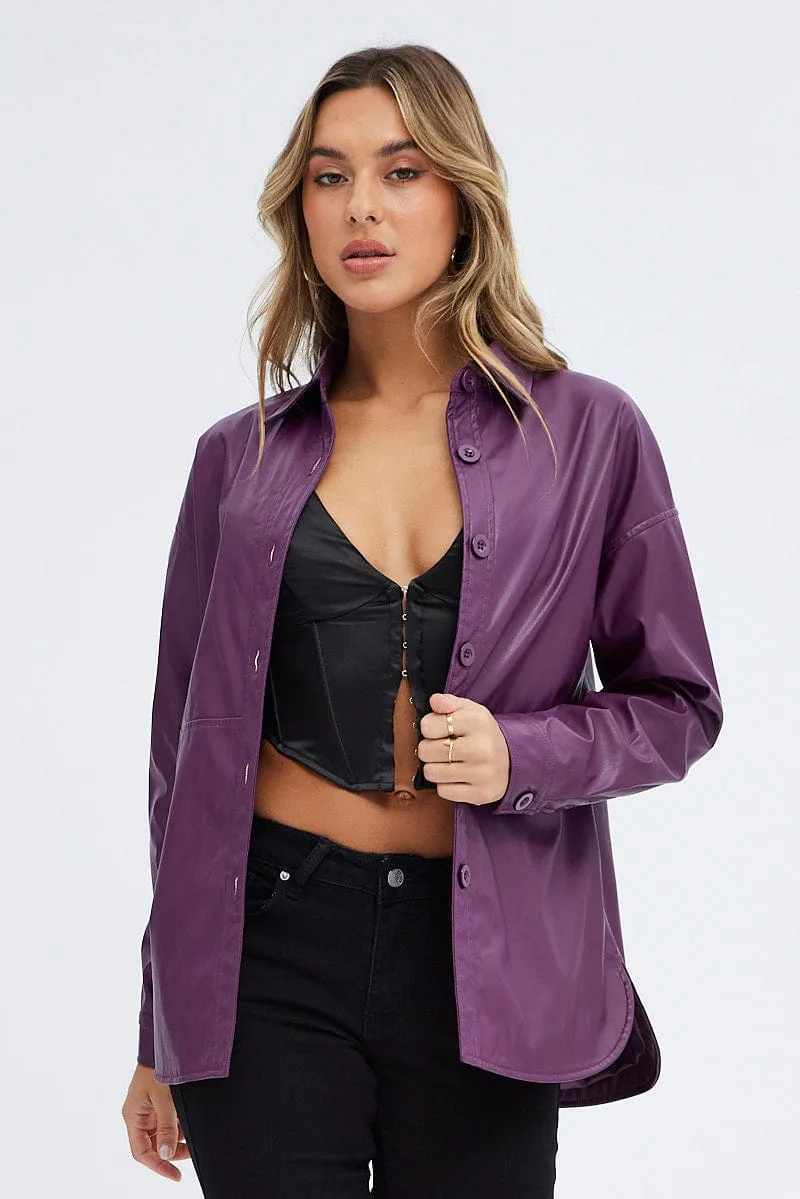 Purple Faux Leather Shacket Long Sleeves