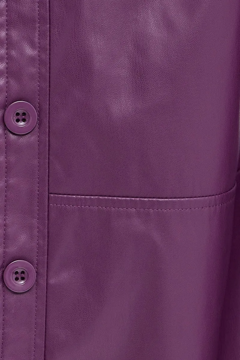 Purple Faux Leather Shacket Long Sleeves