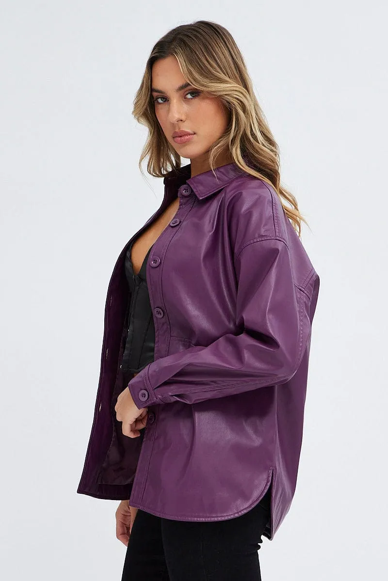 Purple Faux Leather Shacket Long Sleeves