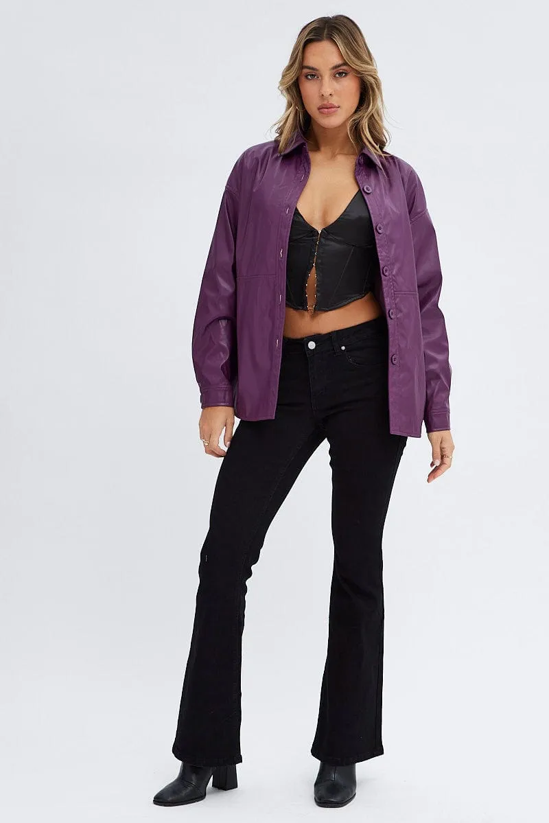Purple Faux Leather Shacket Long Sleeves