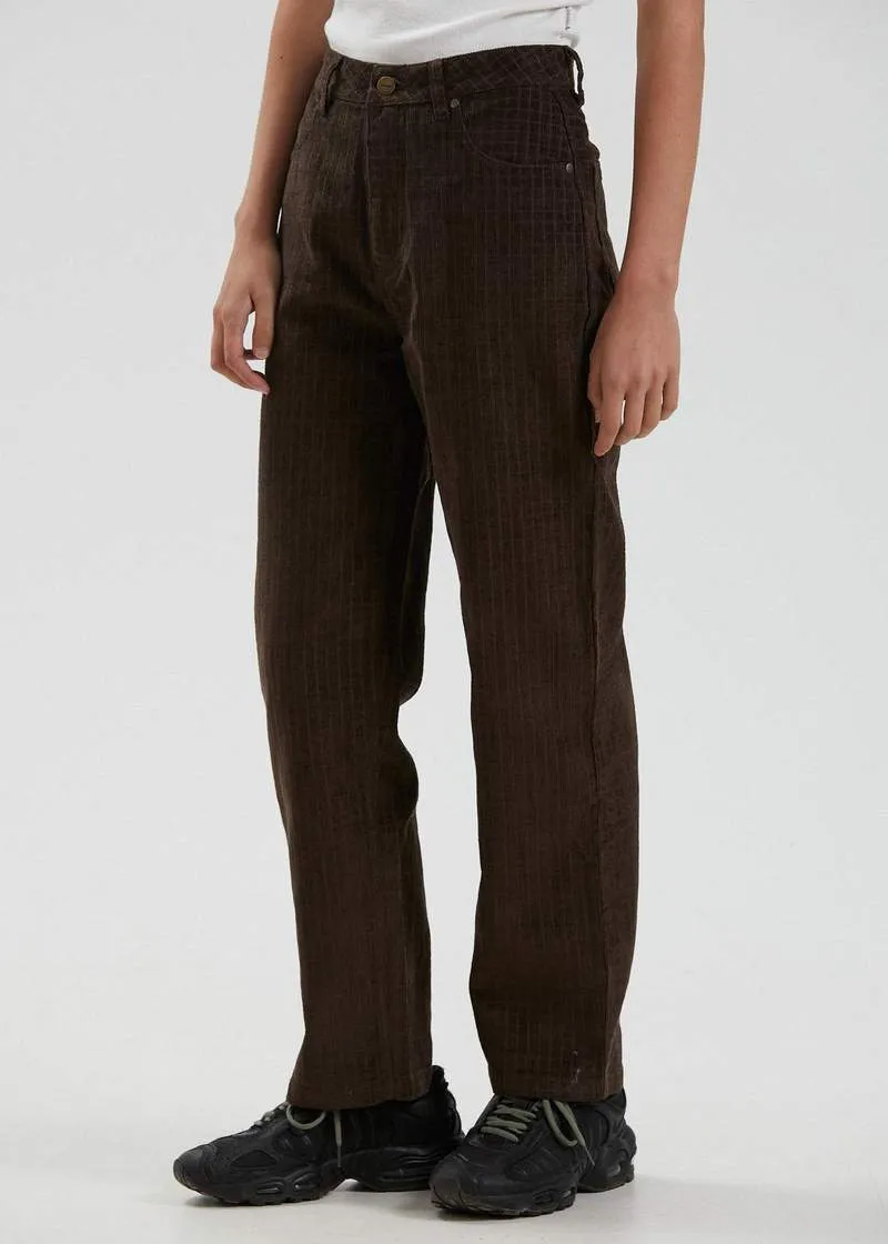 Shelby Long Hemp Check Corduroy Wide Leg Pants in Coffee
