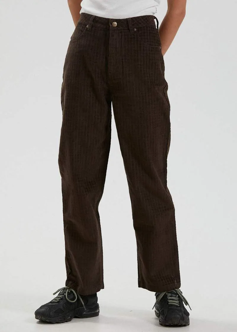 Shelby Long Hemp Check Corduroy Wide Leg Pants in Coffee