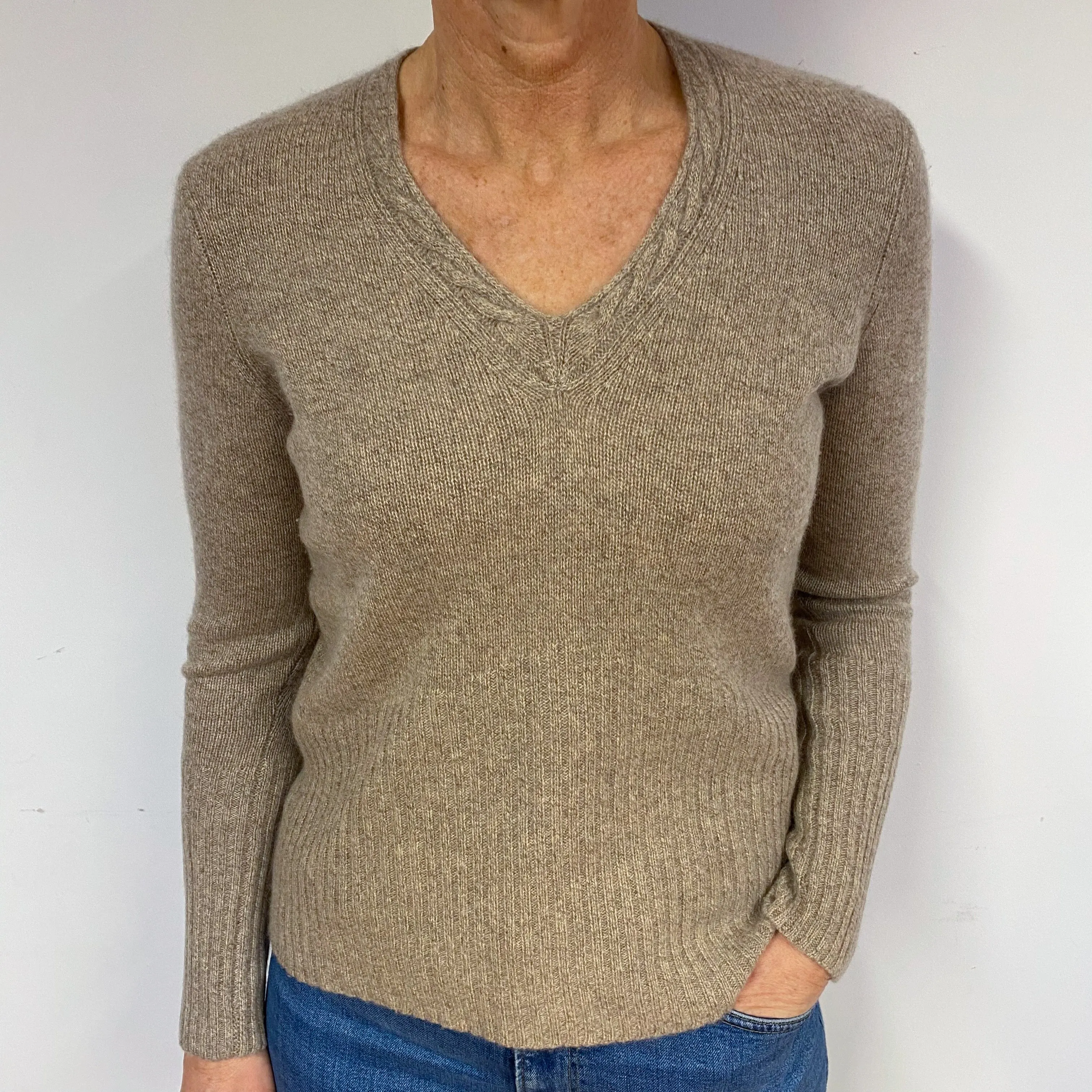 Taupe Brown Cashmere V-Neck Jumper Medium