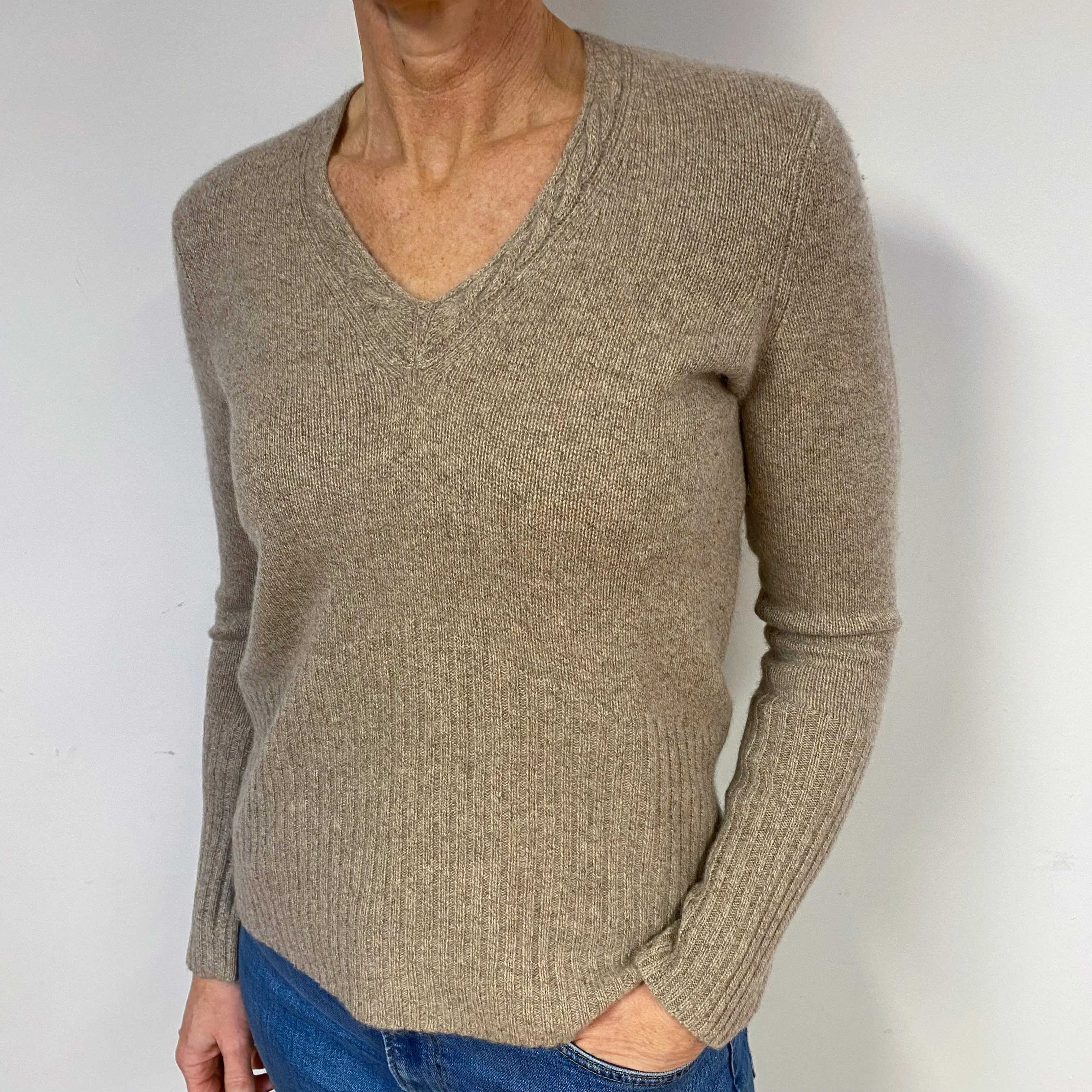 Taupe Brown Cashmere V-Neck Jumper Medium