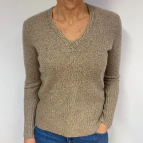 Taupe Brown Cashmere V-Neck Jumper Medium