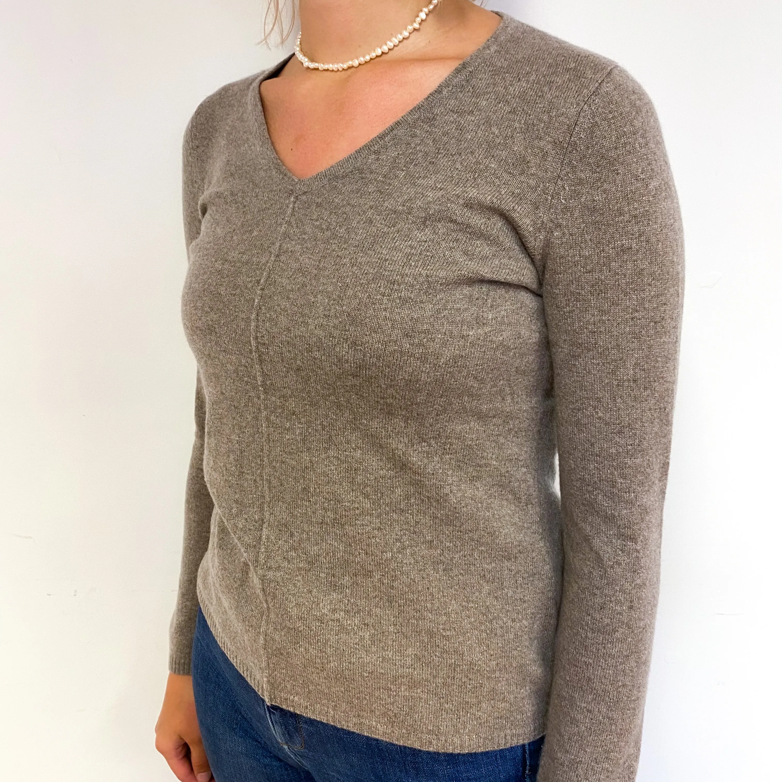 Taupe Brown Cashmere V-Neck Jumper Small
