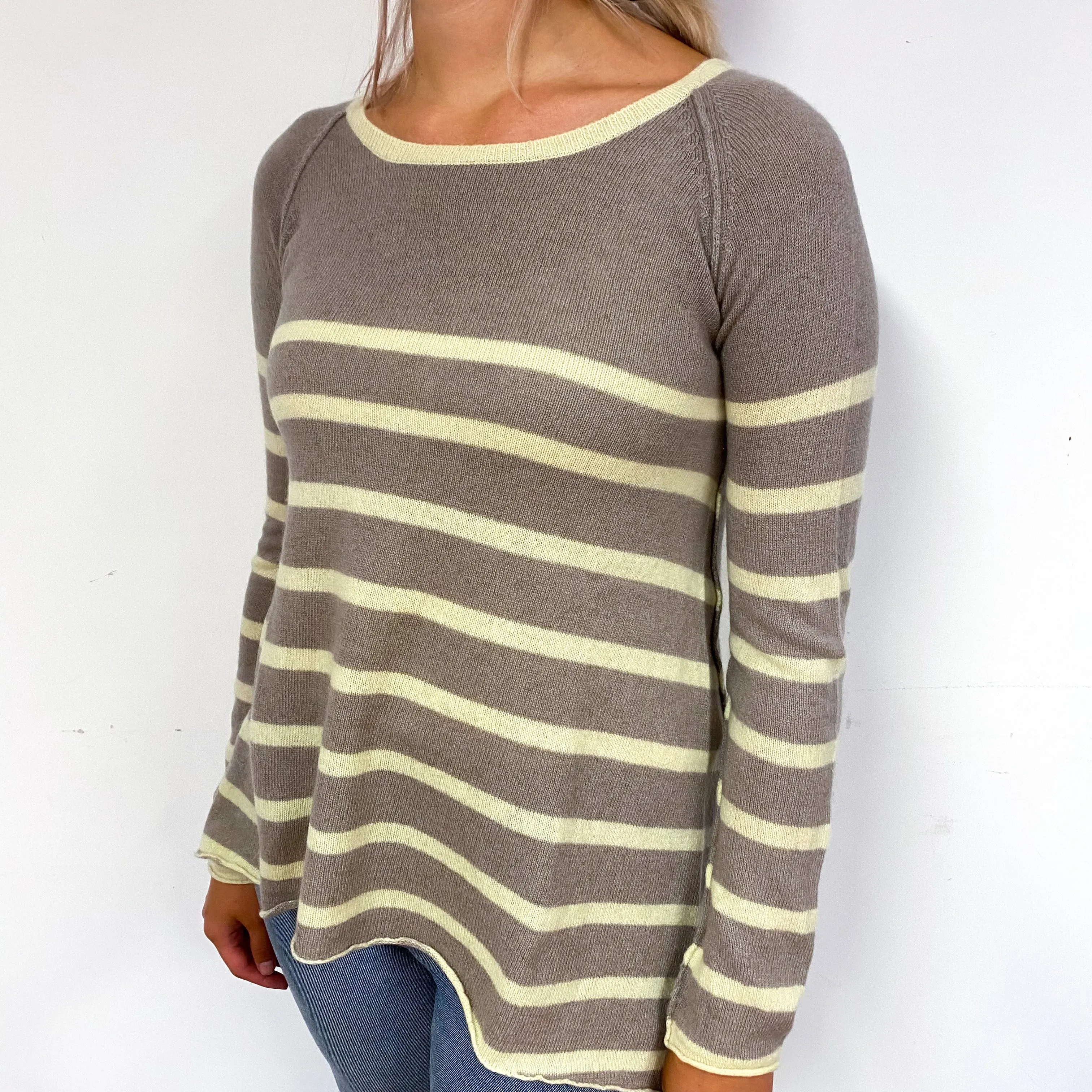 Taupe Brown Lemon Striped Cashmere Crew Neck Jumper Small