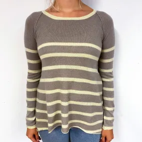 Taupe Brown Lemon Striped Cashmere Crew Neck Jumper Small