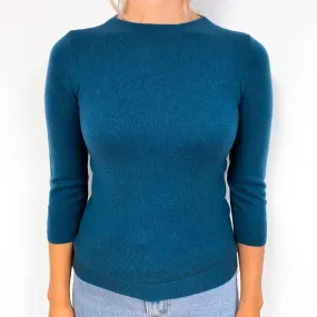 Teal Blue 3/4 Sleeved Cashmere Crew Neck Jumper Small