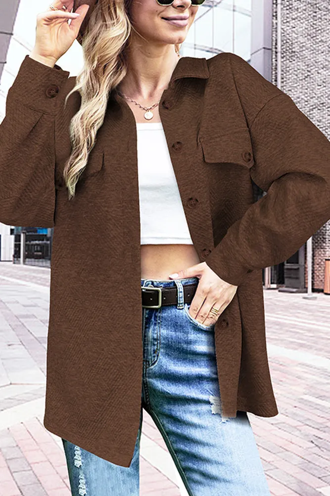Turndown Collar Button Up Coat With Pockets