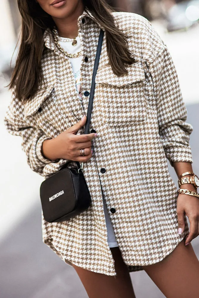 Tweed Houndstooth Single-breasted Shacket Coat with Pockets