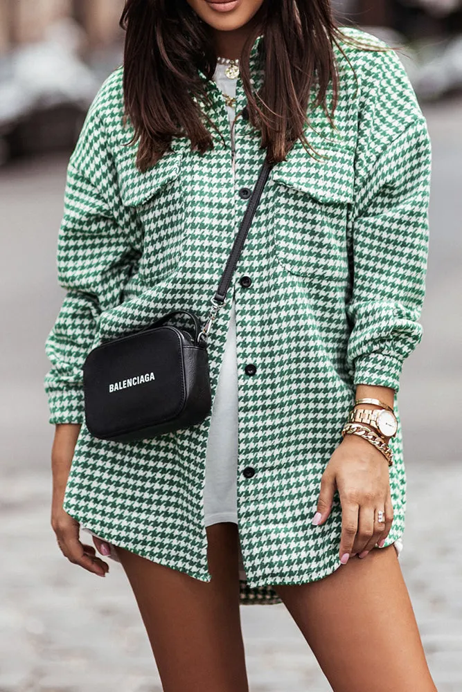 Tweed Houndstooth Single-breasted Shacket Coat with Pockets
