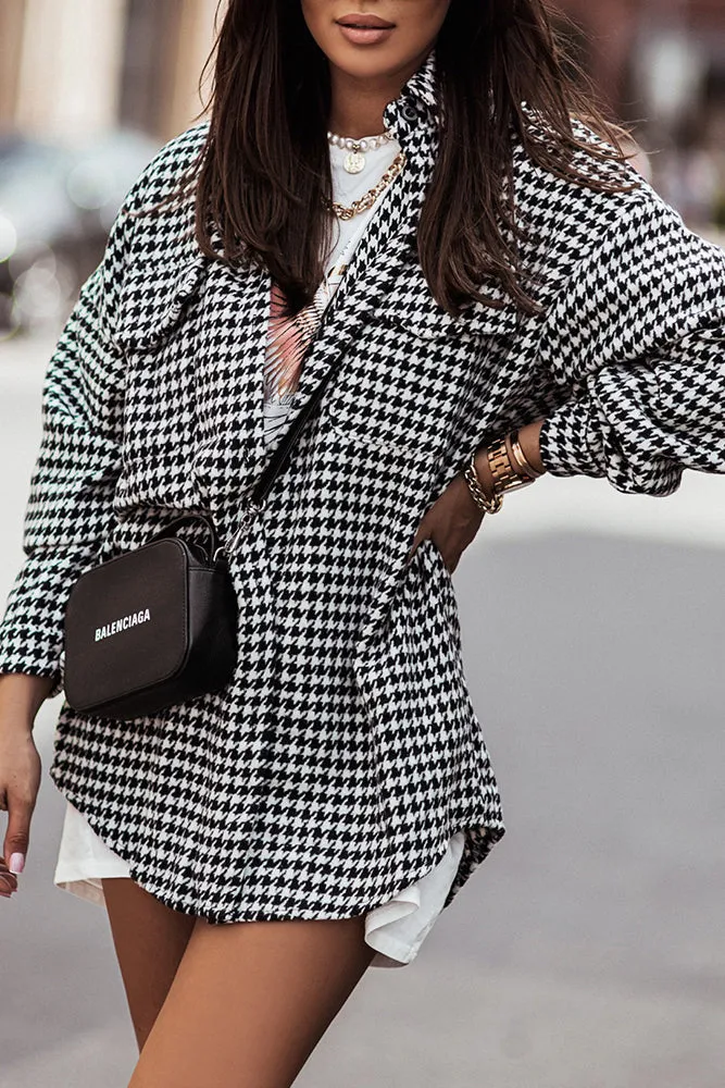 Tweed Houndstooth Single-breasted Shacket Coat with Pockets