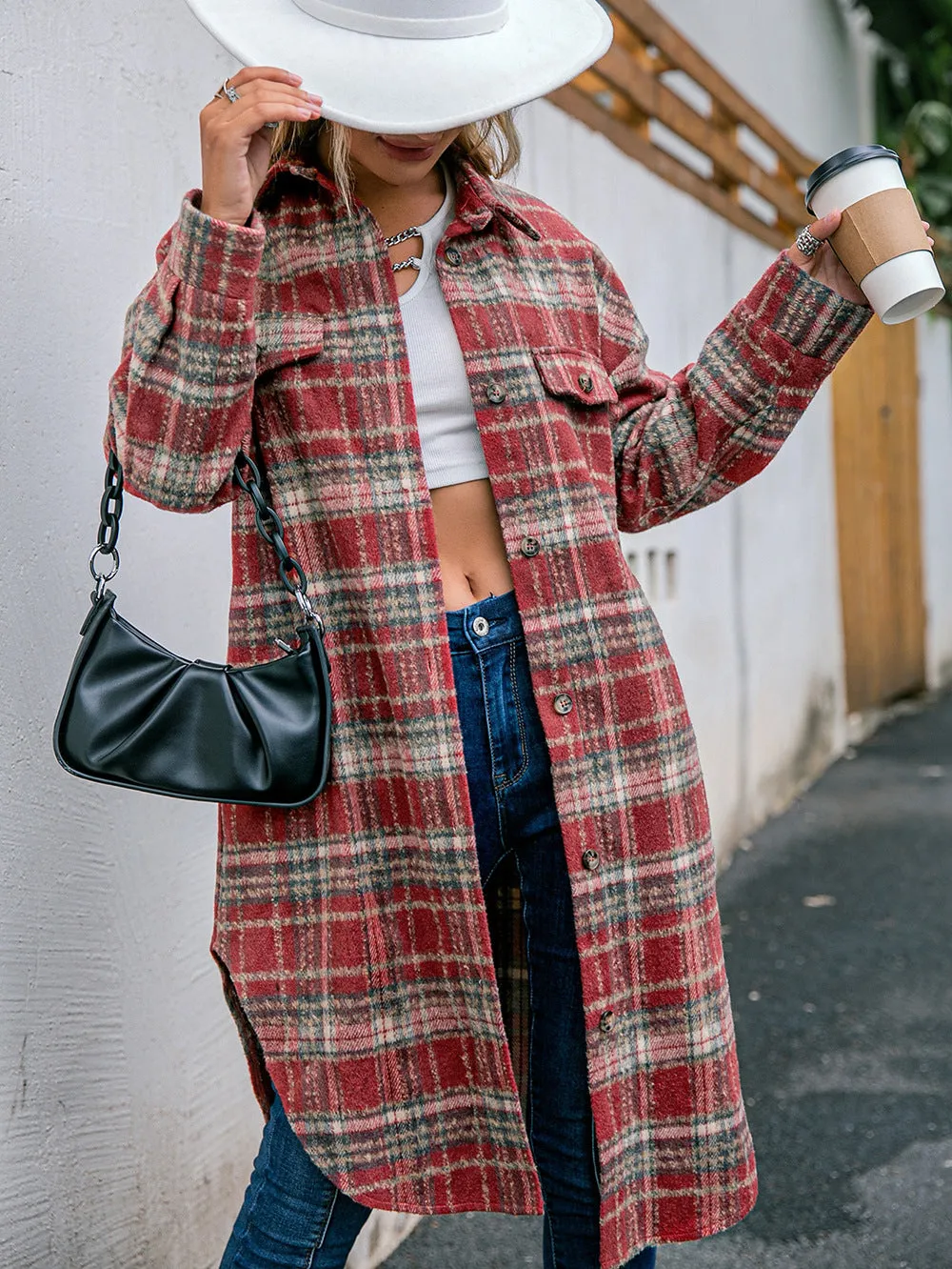 Women's Lounge Lapel Button Up Long Sleeve Plaid Jacket Shacket