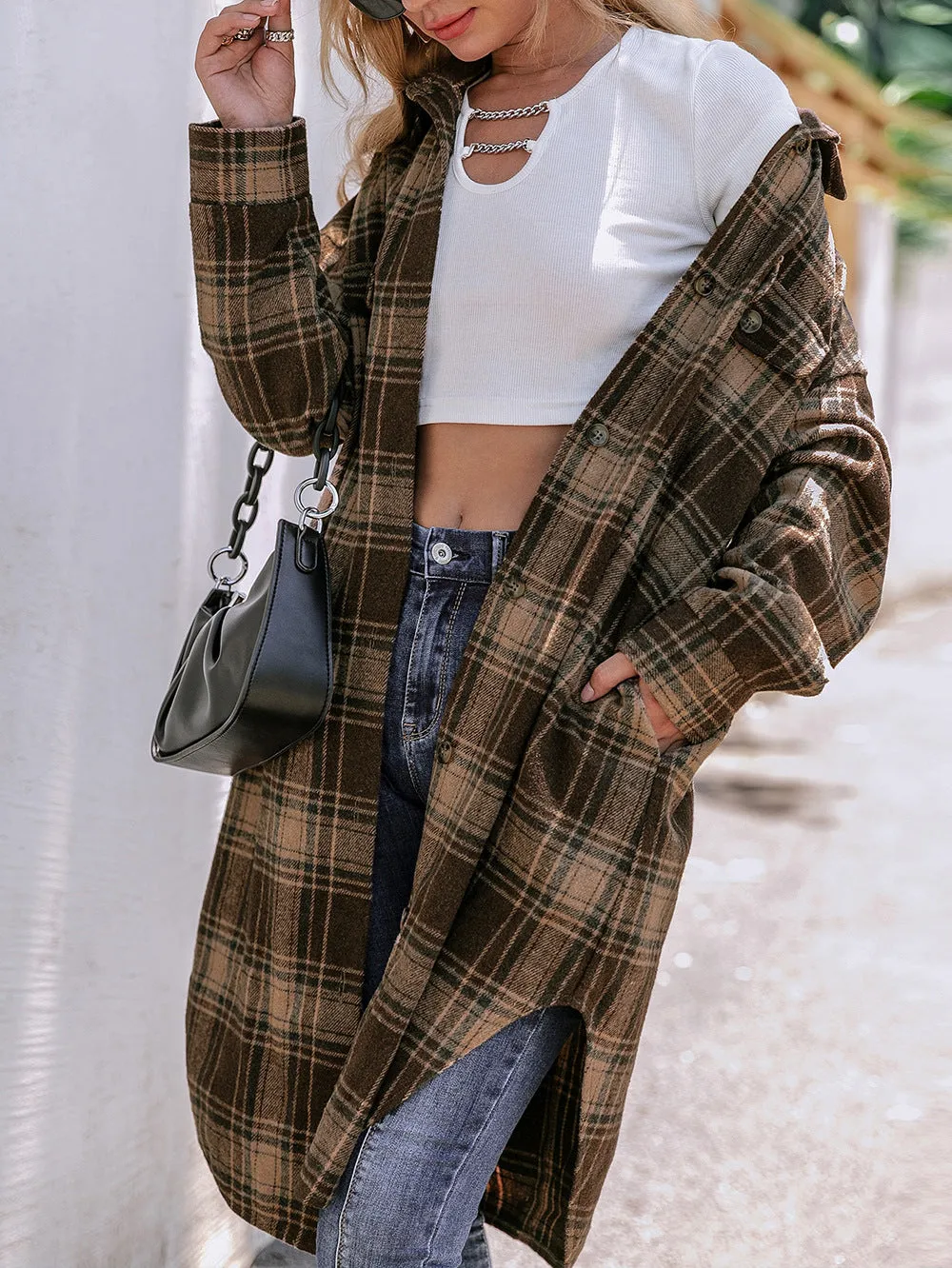 Women's Lounge Lapel Button Up Long Sleeve Plaid Jacket Shacket