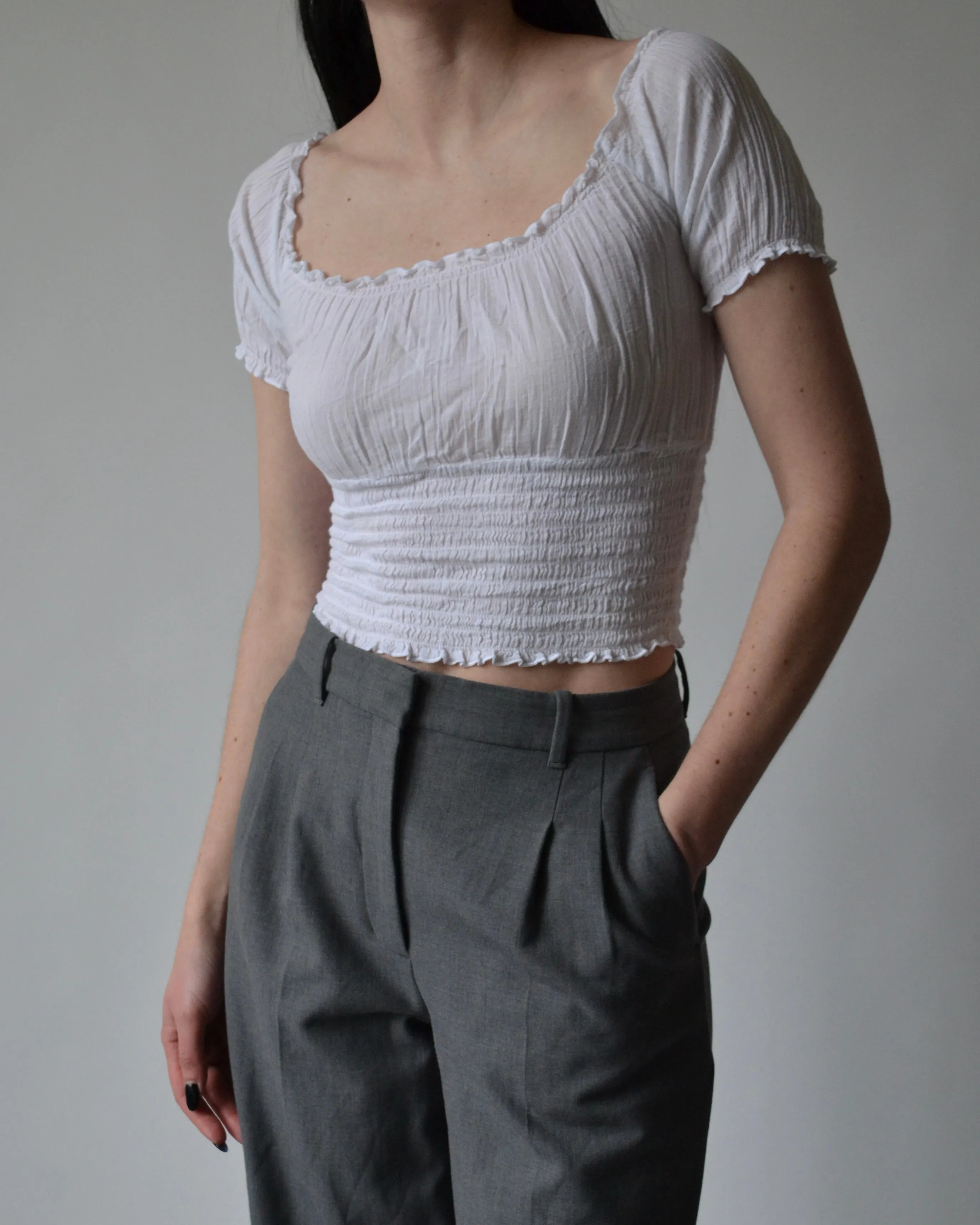 Y2K White Smocked Top